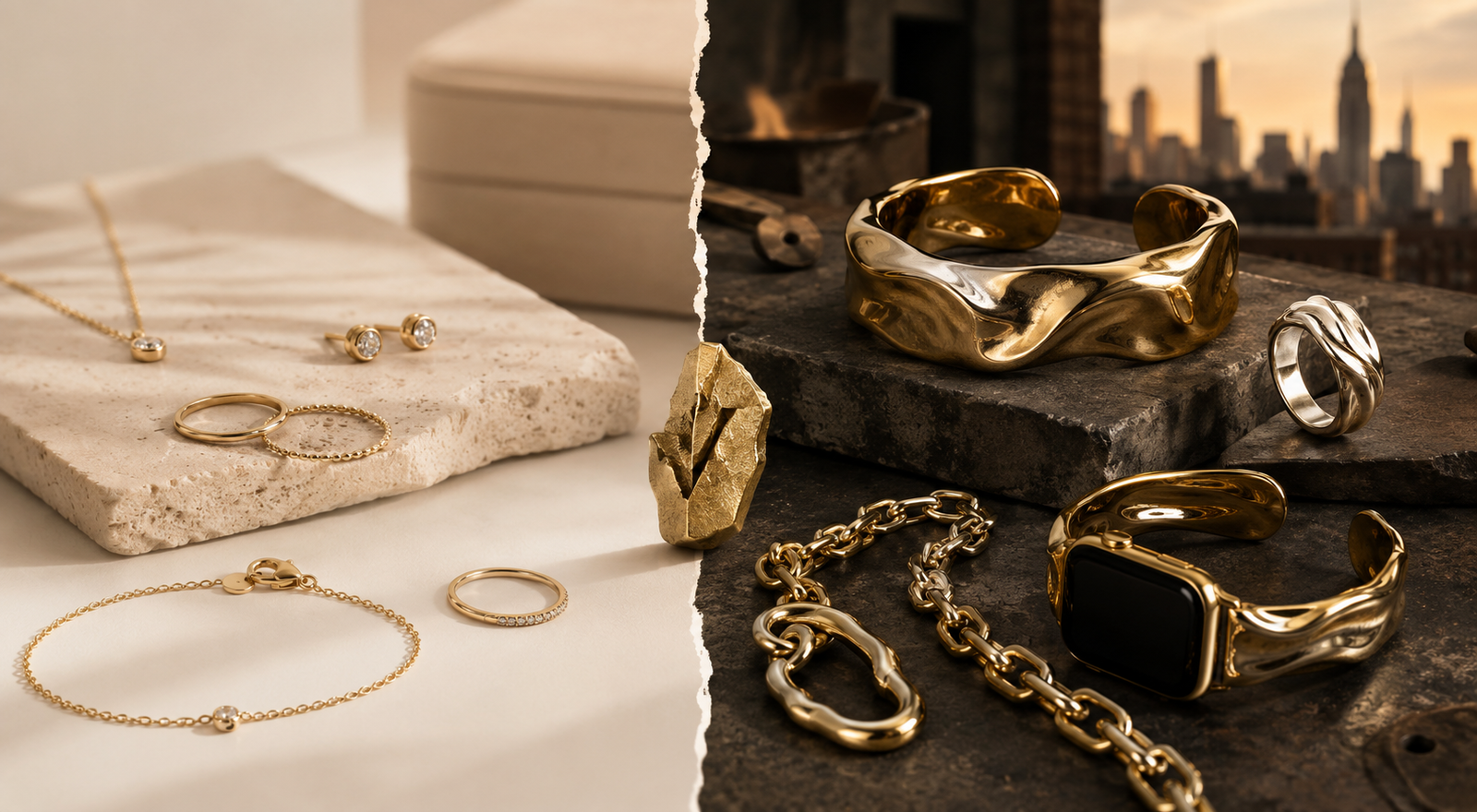 Comparison of minimalist fine jewelry and bold handcrafted sculptural jewelry, showcasing the difference between mass-produced luxury accessories and independent artisan craftsmanship.