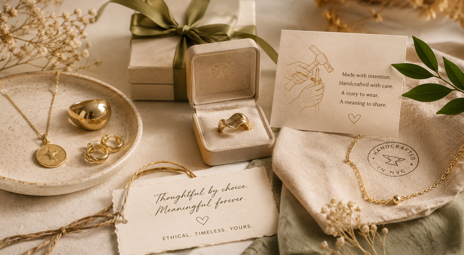 Ethically crafted gold jewelry arranged with eco-friendly gift wrapping, artisan tools, a jewelry sketchbook, and eucalyptus leaves in a luxury sustainable gifting flat lay.