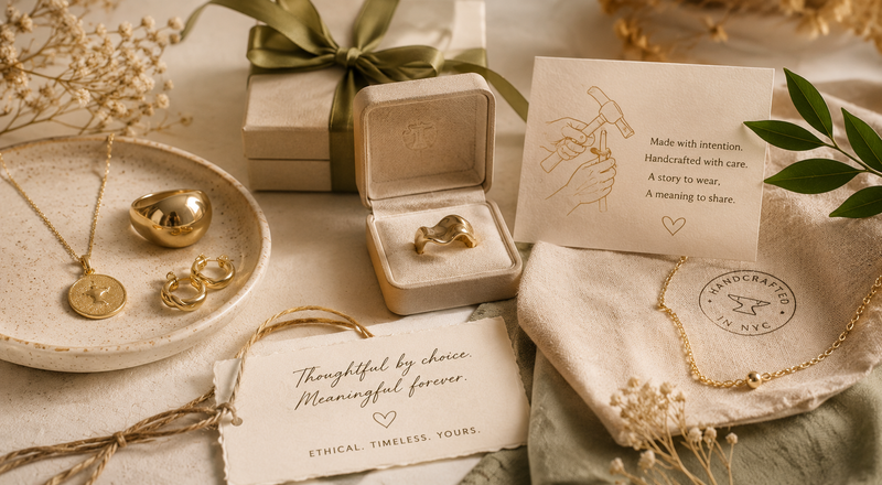 Ethically crafted gold jewelry arranged with eco-friendly gift wrapping, artisan tools, a jewelry sketchbook, and eucalyptus leaves in a luxury sustainable gifting flat lay.